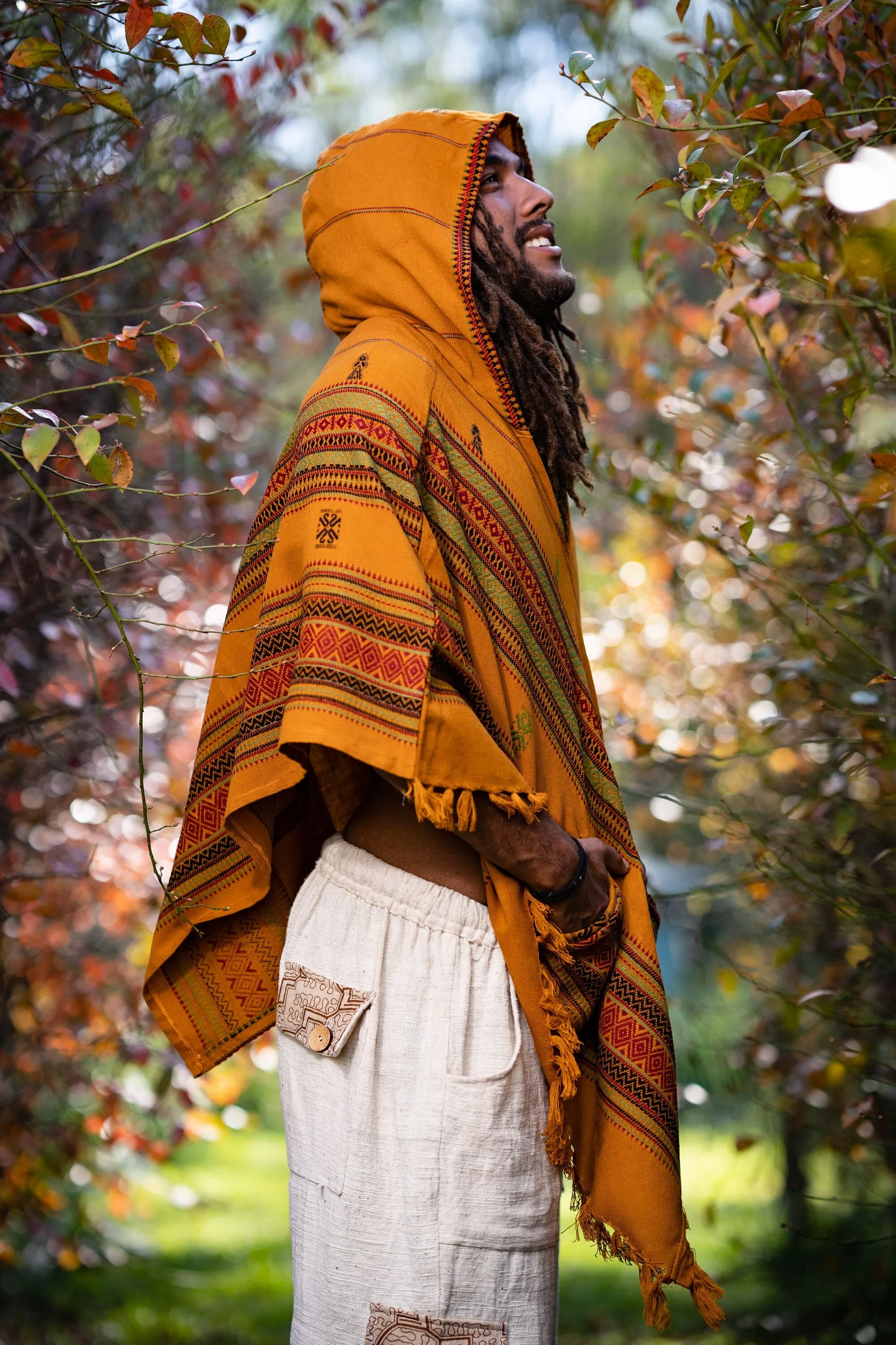 HODDI Mens Hooded Poncho Curry Orange Cashmere and Acrylic Wool Pockets Tribal Embroidery Celtic Festival Mexican Primitive Big Hood AJJAYA