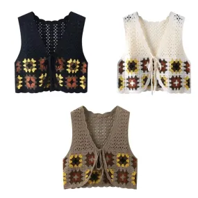 Hollow Knit for Tank Top Vest Waistcoat Women Autumn Crochet Colorful Floral Lace-Up Bandage Sleeveless Cropped Dropship