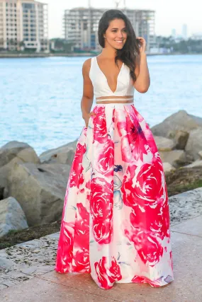 Ivory and Fuchsia Floral Maxi Dress with Waist Detail