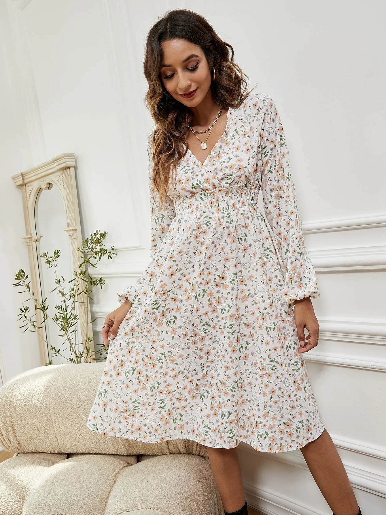 KittenAlarm - Women V Neck Elastic Waist Floral Print Long Sleeve Maxi Dress