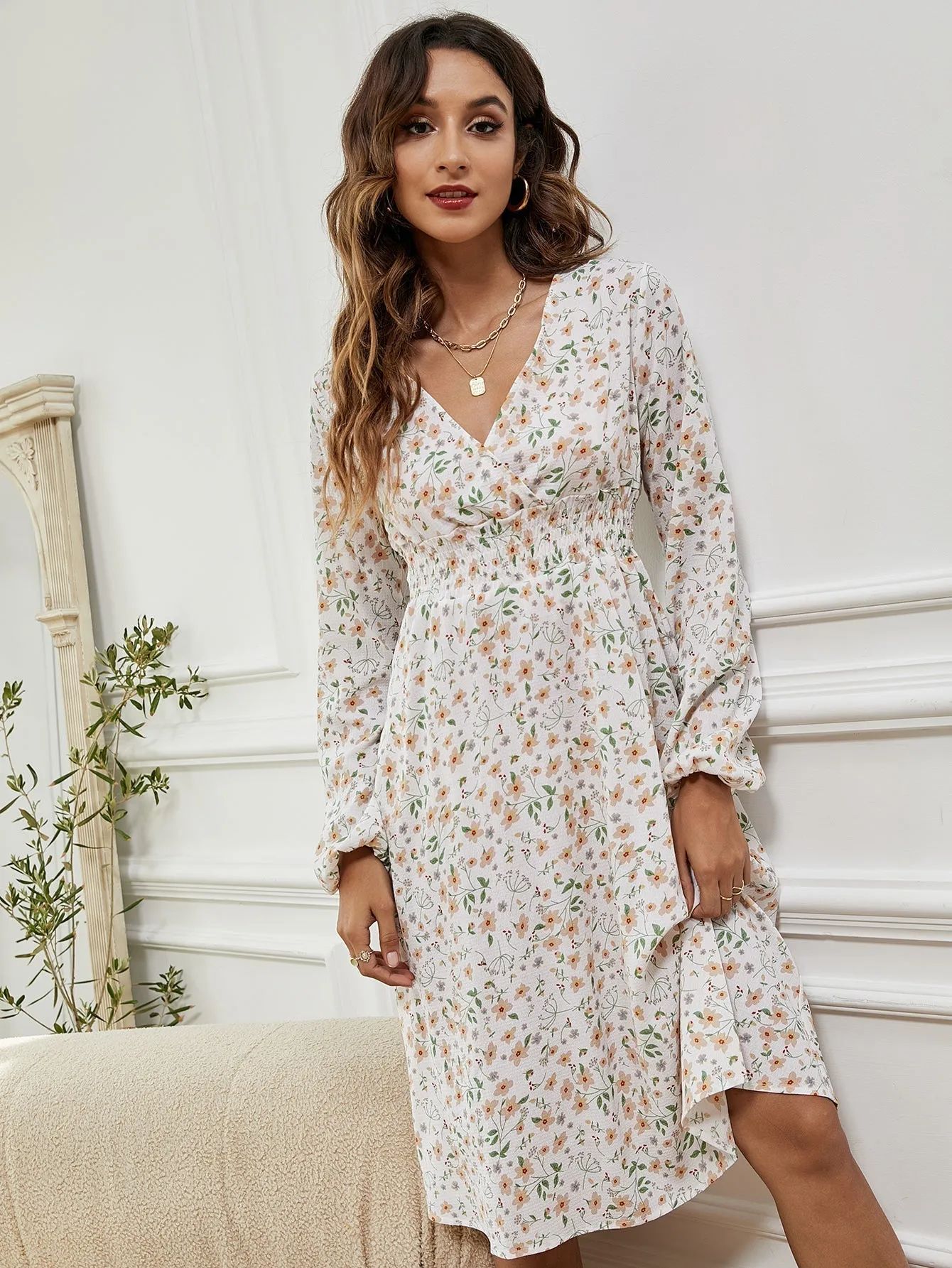 KittenAlarm - Women V Neck Elastic Waist Floral Print Long Sleeve Maxi Dress