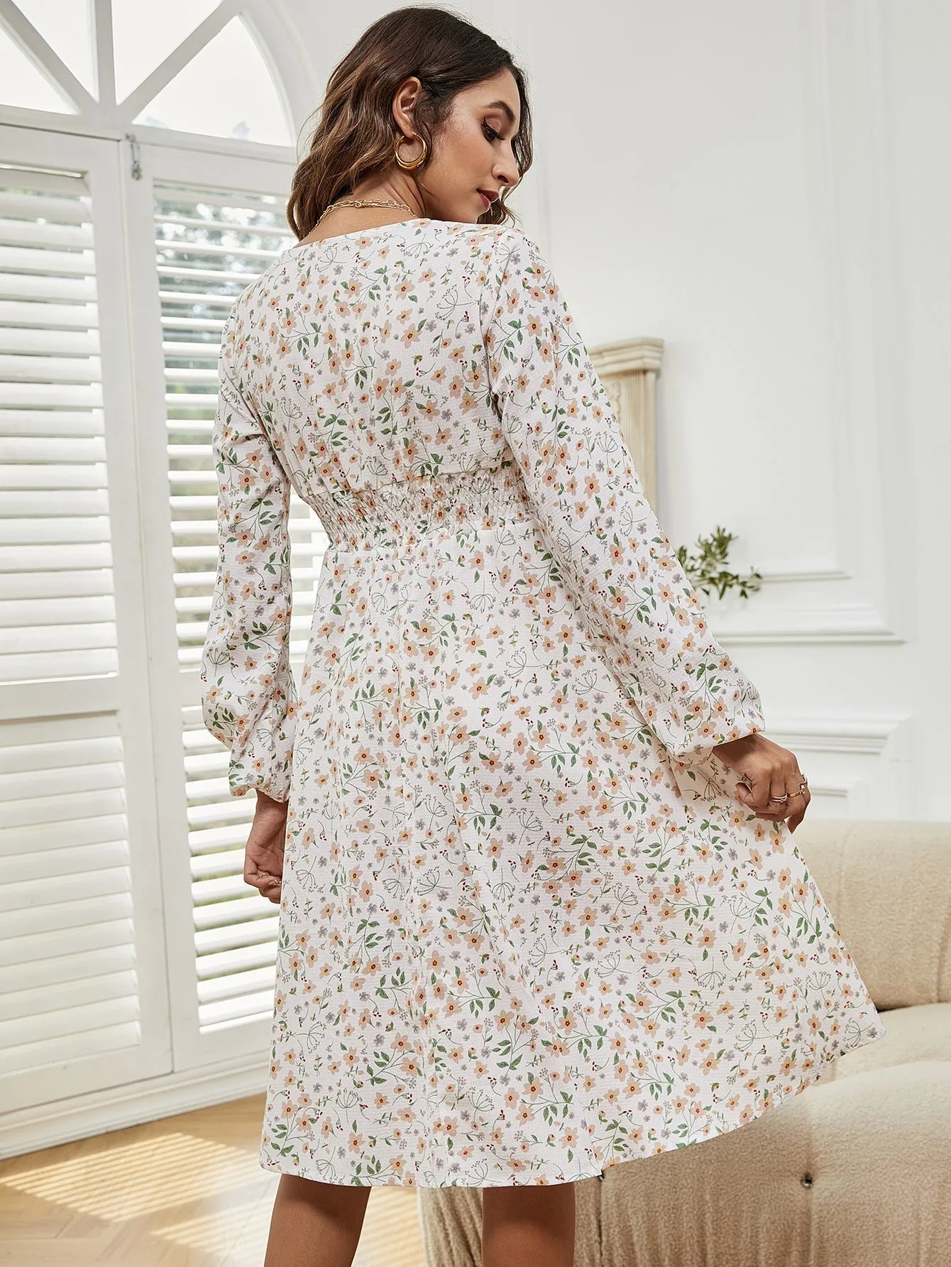 KittenAlarm - Women V Neck Elastic Waist Floral Print Long Sleeve Maxi Dress