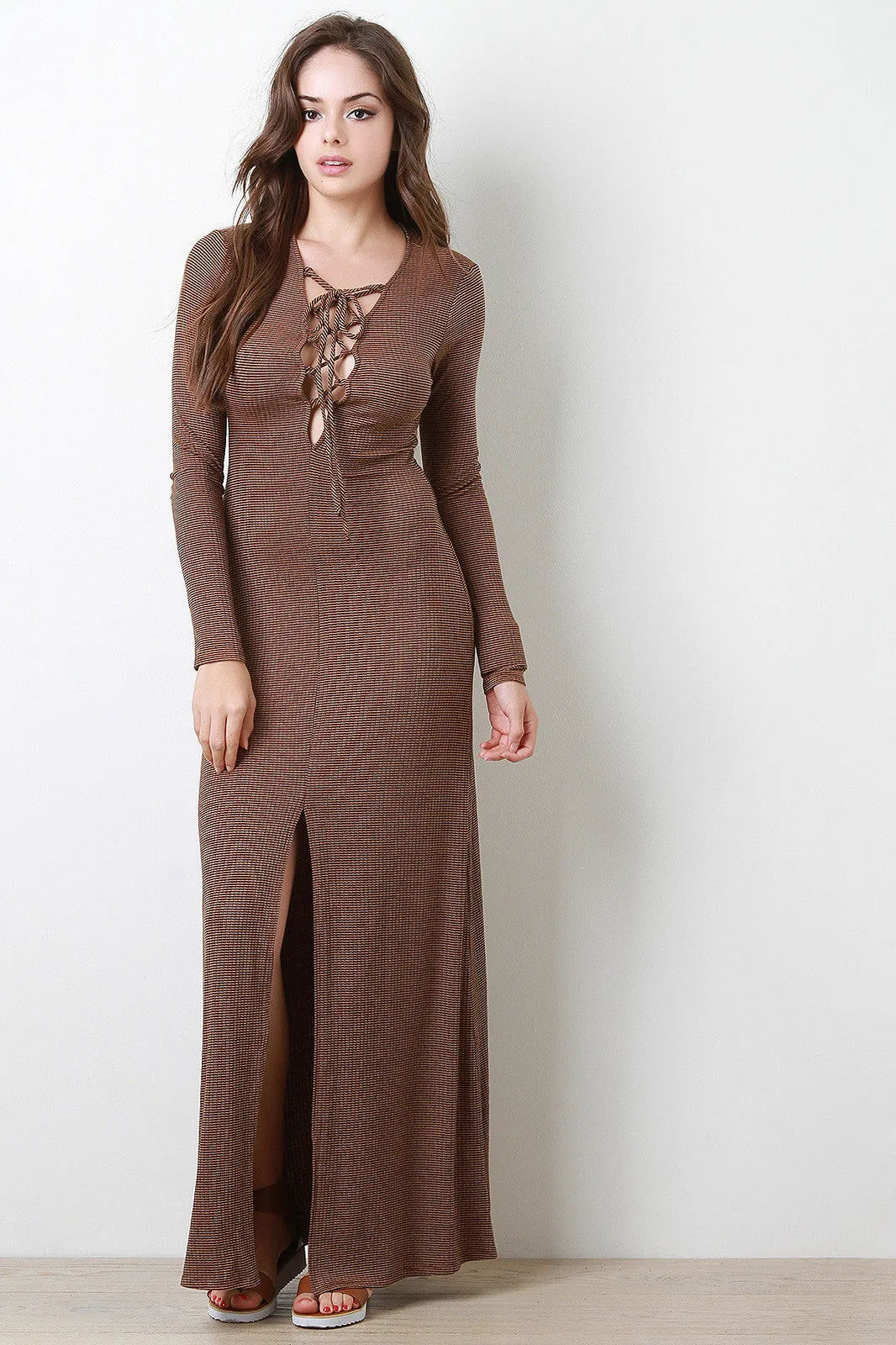 Lace Up Front Slit Striped Maxi Dress