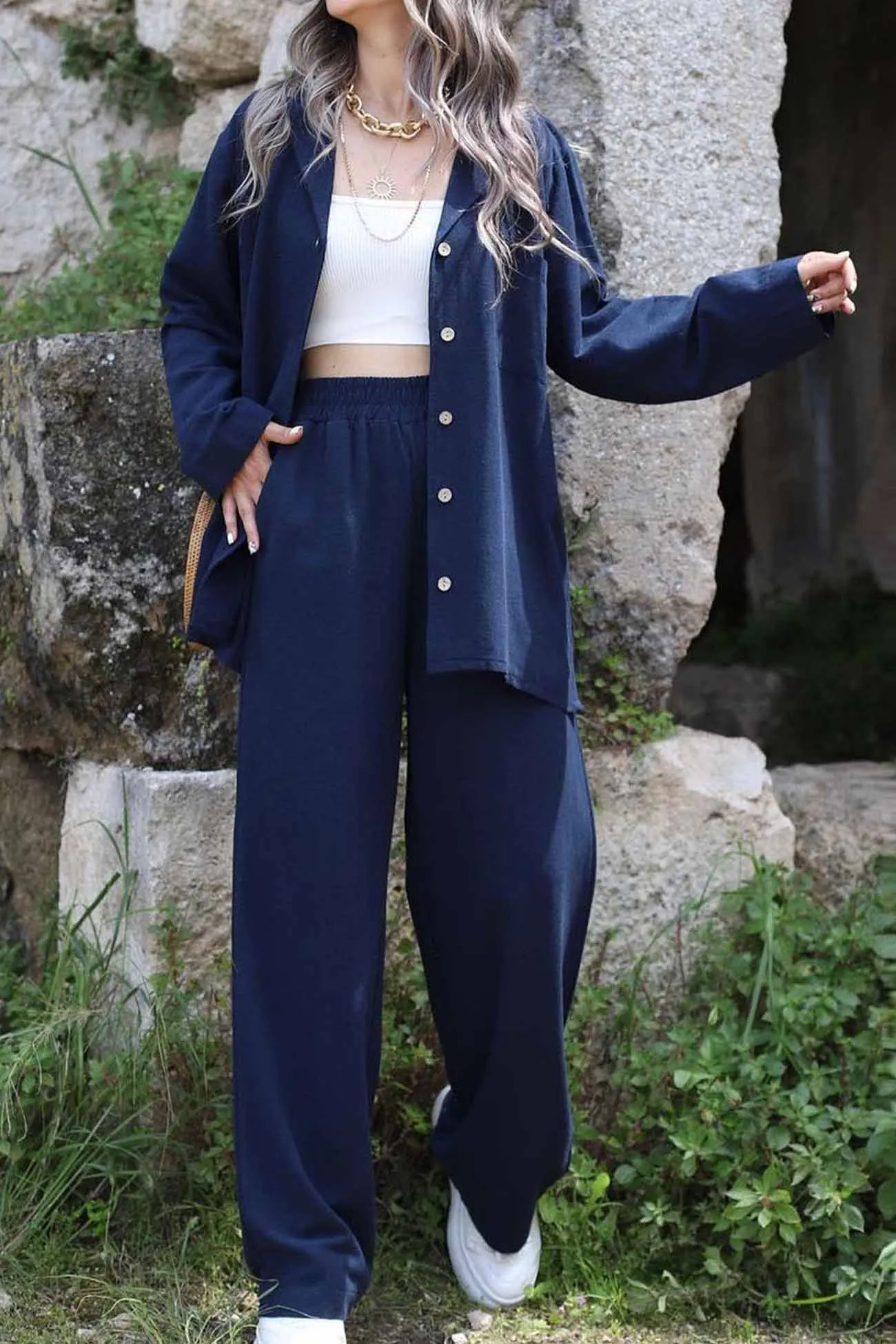 Lapel Long Sleeve Shirt Long Pants Two-Piece Set