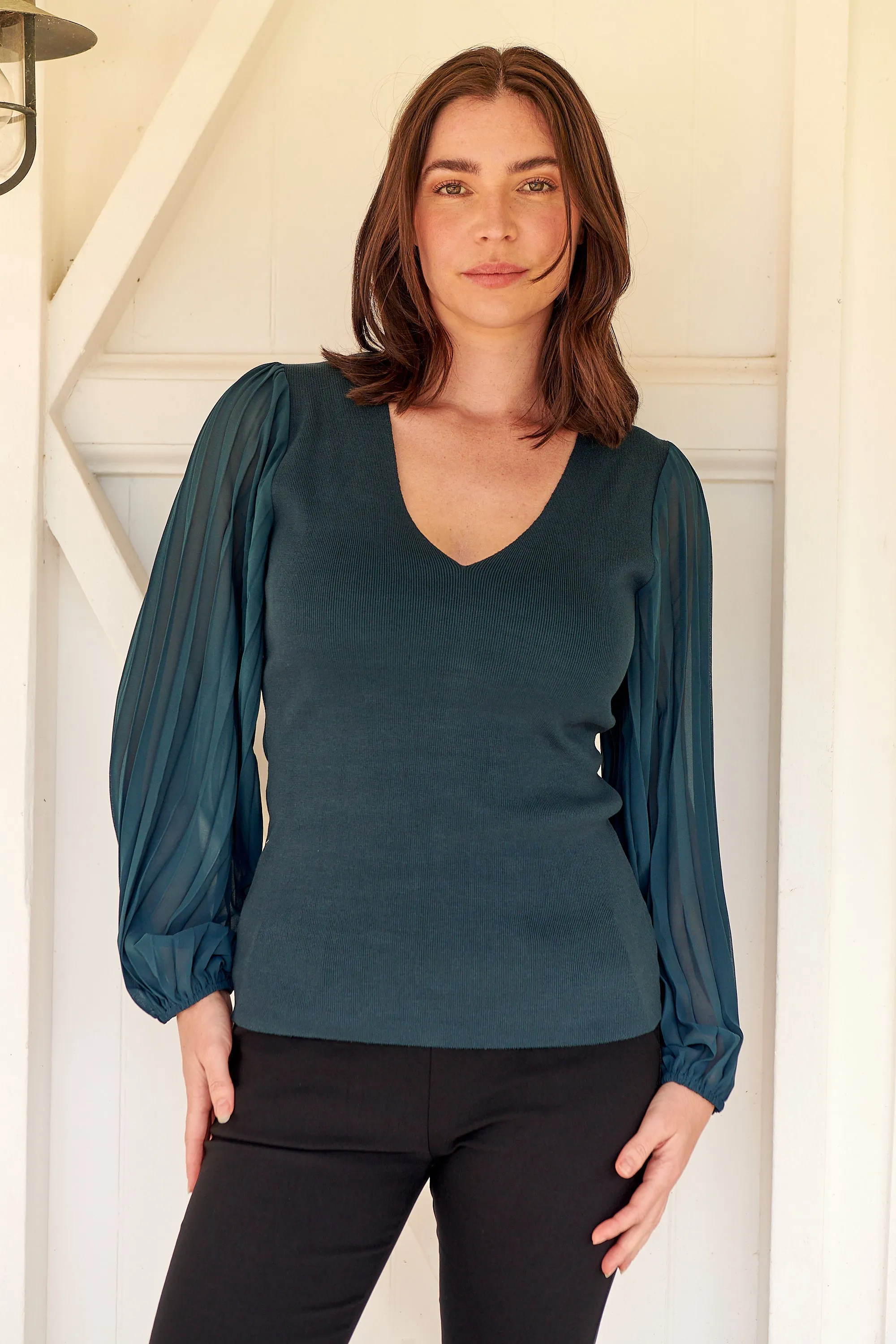 Layanna Dark Green Chiffon Long Sleeve Top