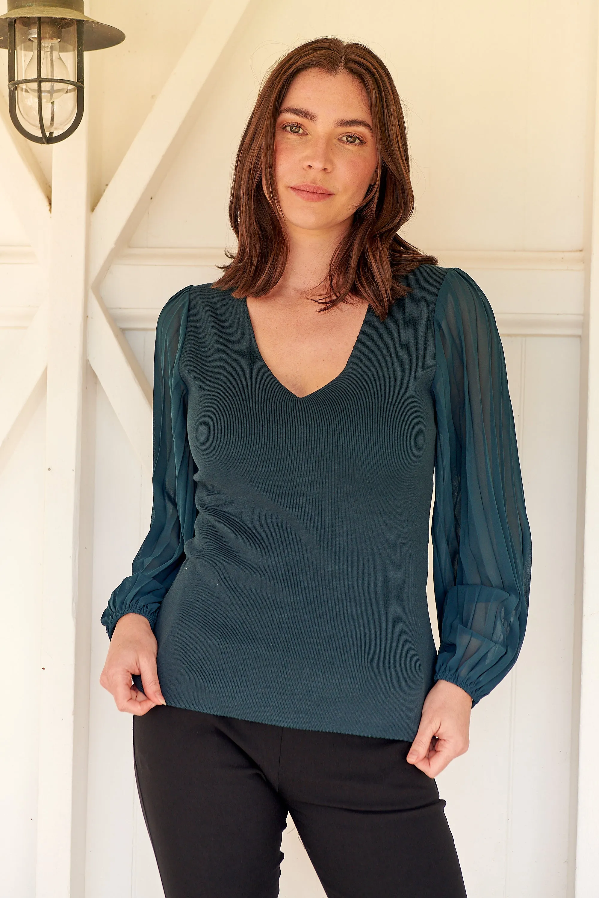 Layanna Dark Green Chiffon Long Sleeve Top