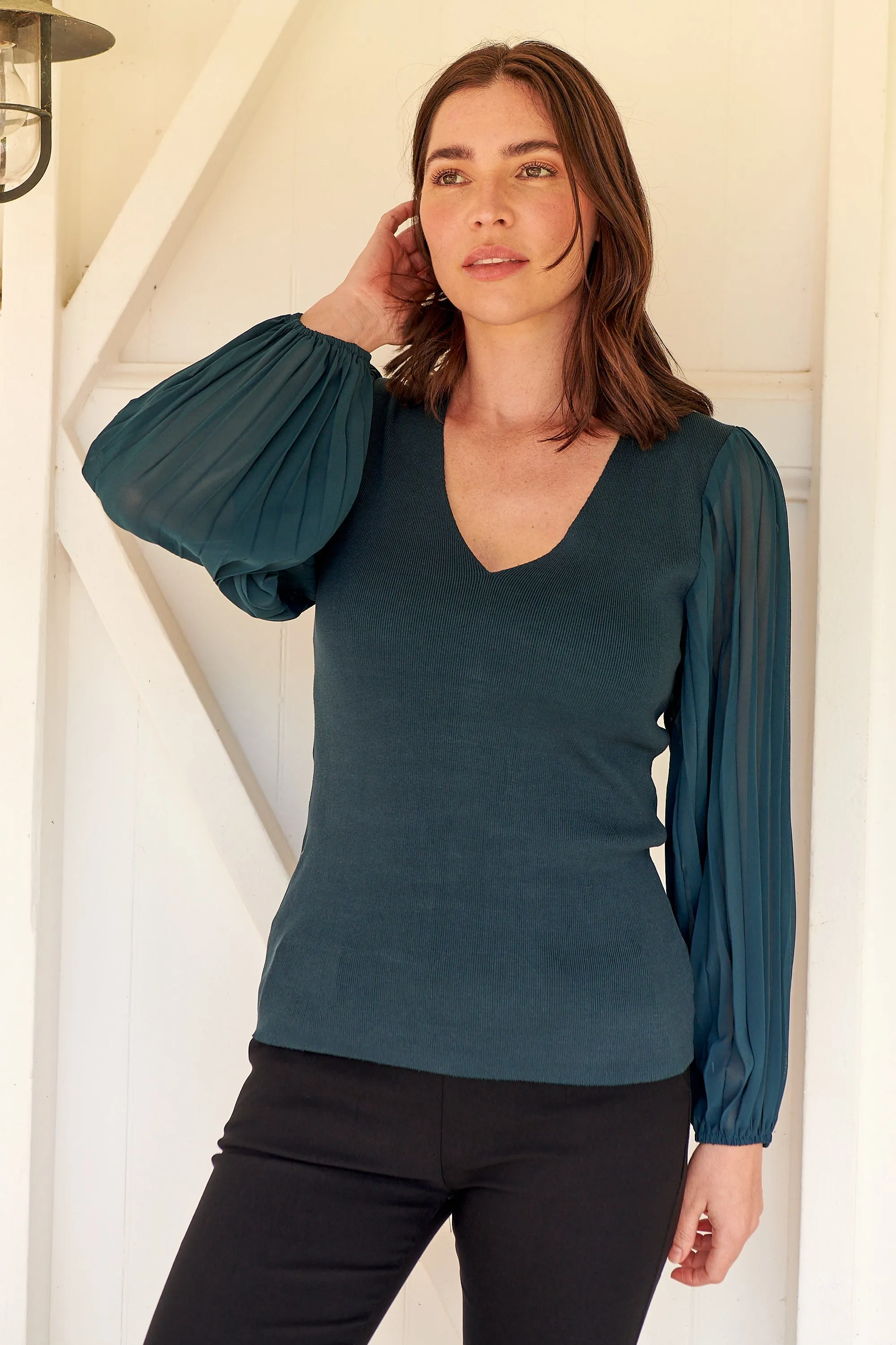 Layanna Dark Green Chiffon Long Sleeve Top