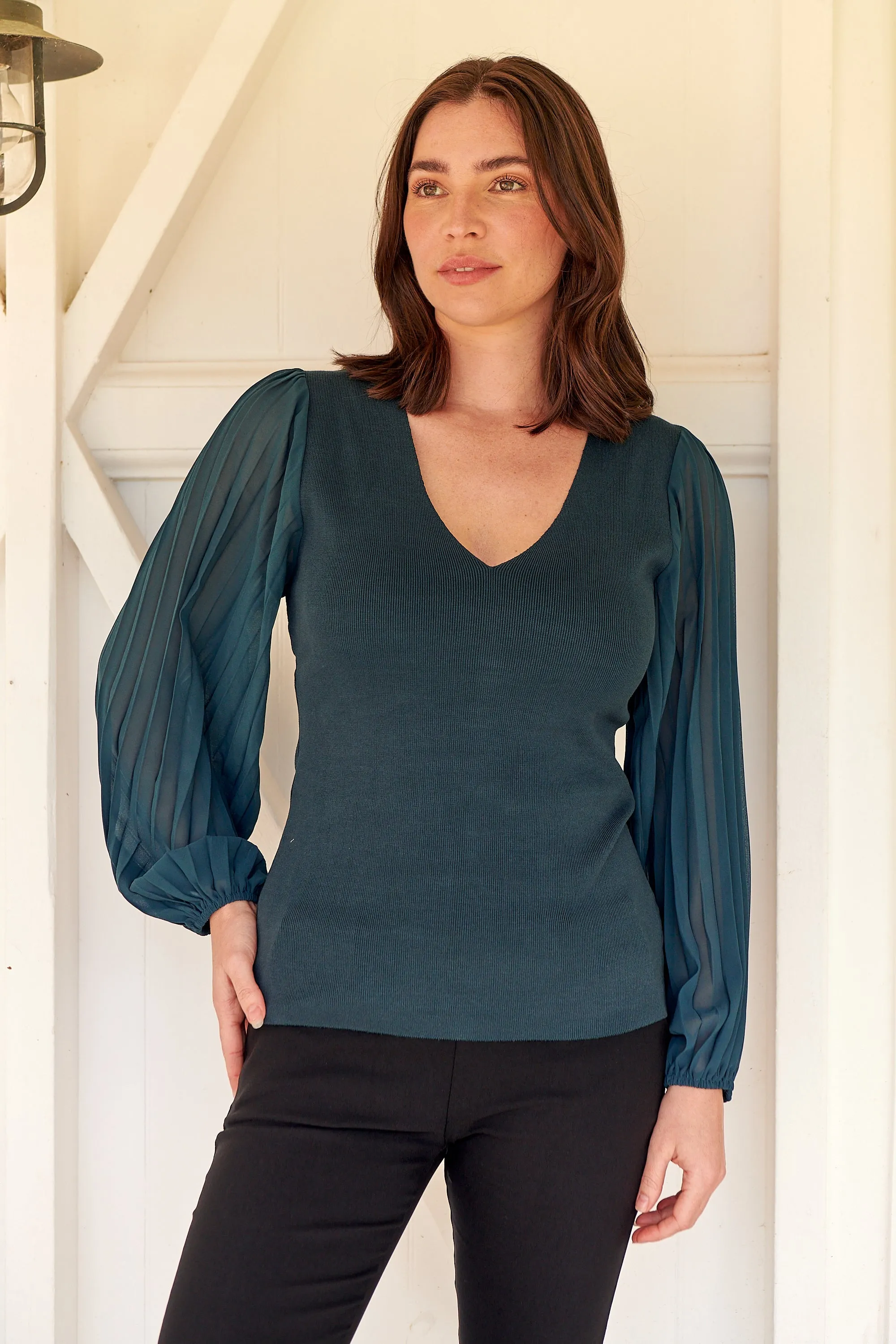 Layanna Dark Green Chiffon Long Sleeve Top