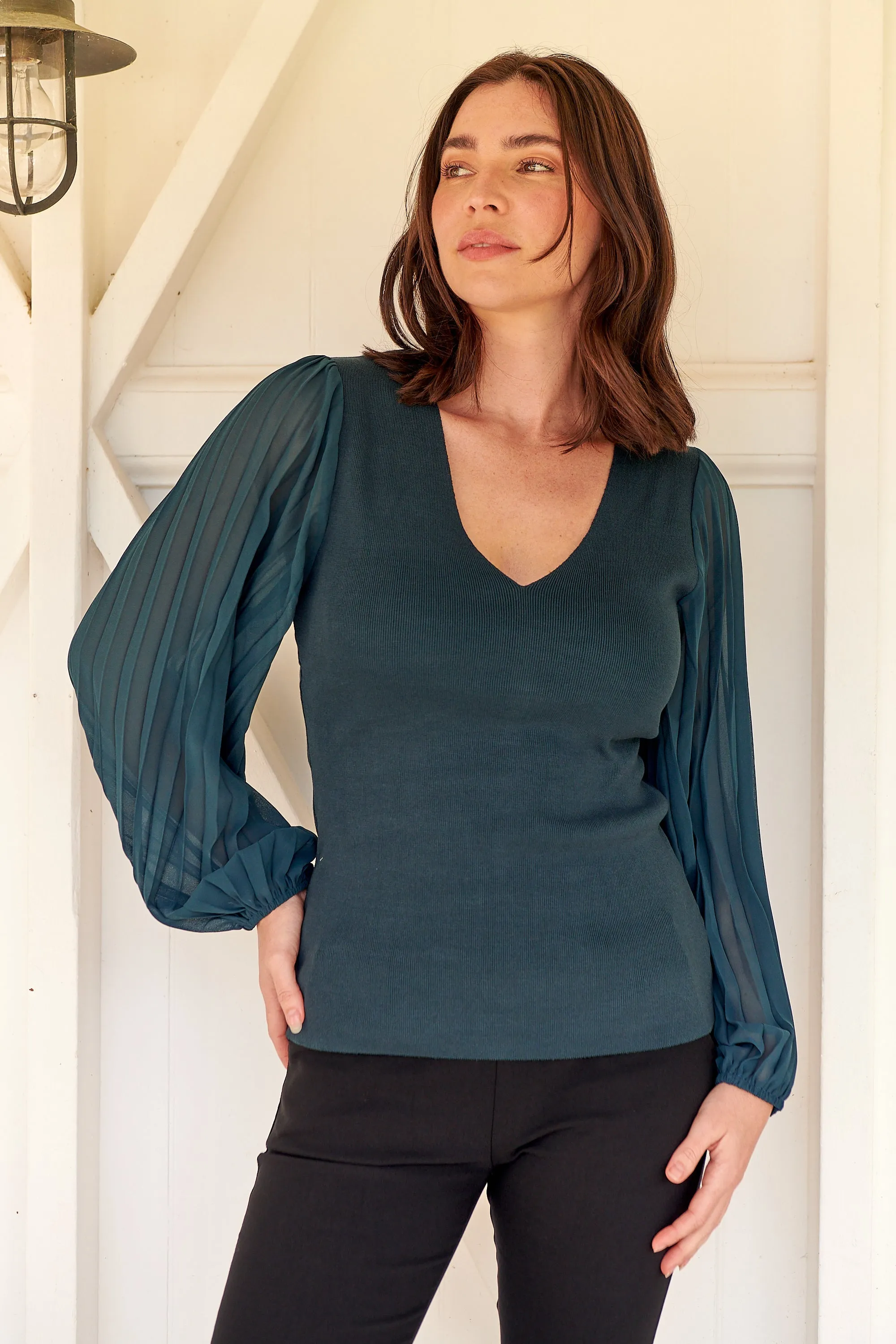 Layanna Dark Green Chiffon Long Sleeve Top