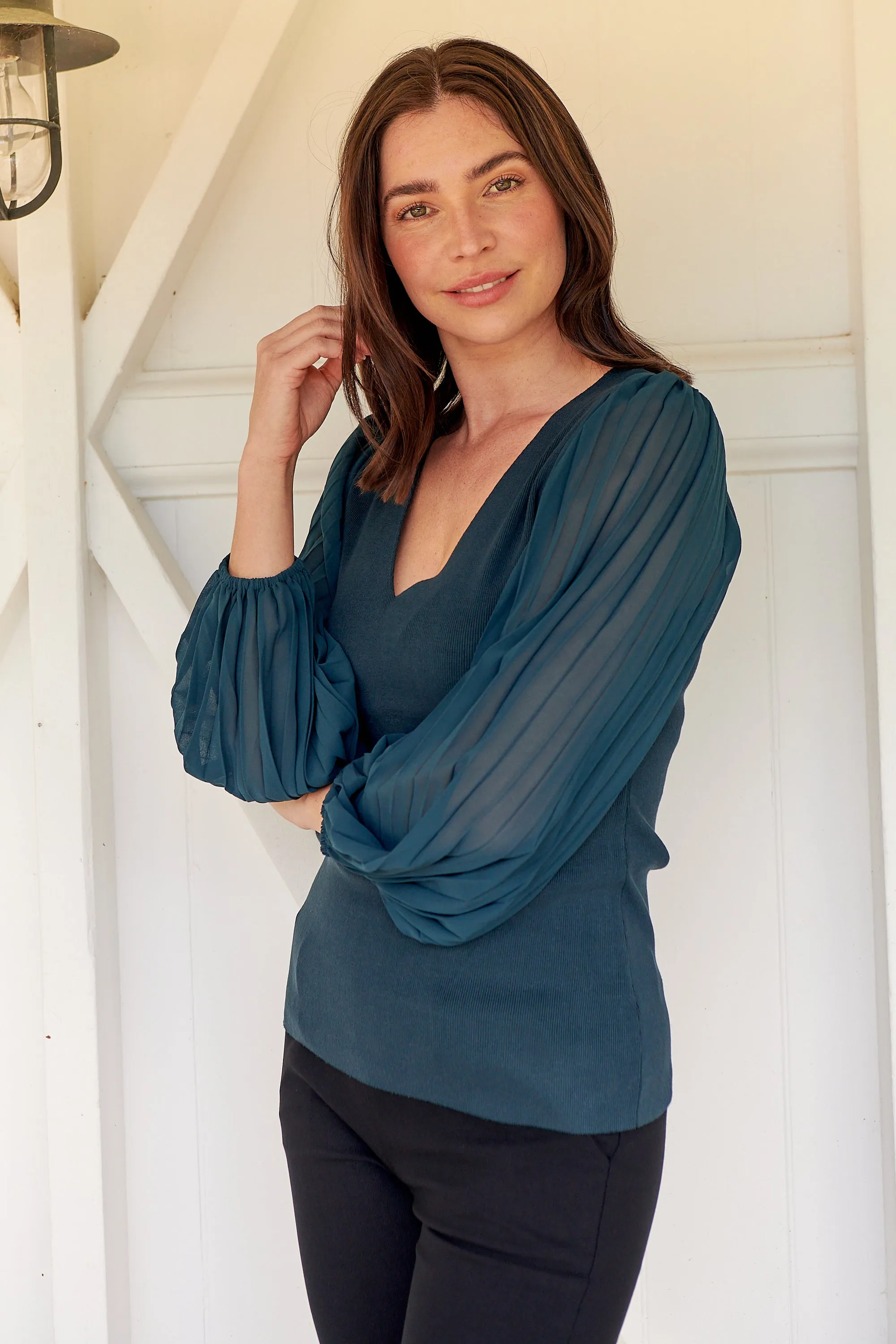 Layanna Dark Green Chiffon Long Sleeve Top