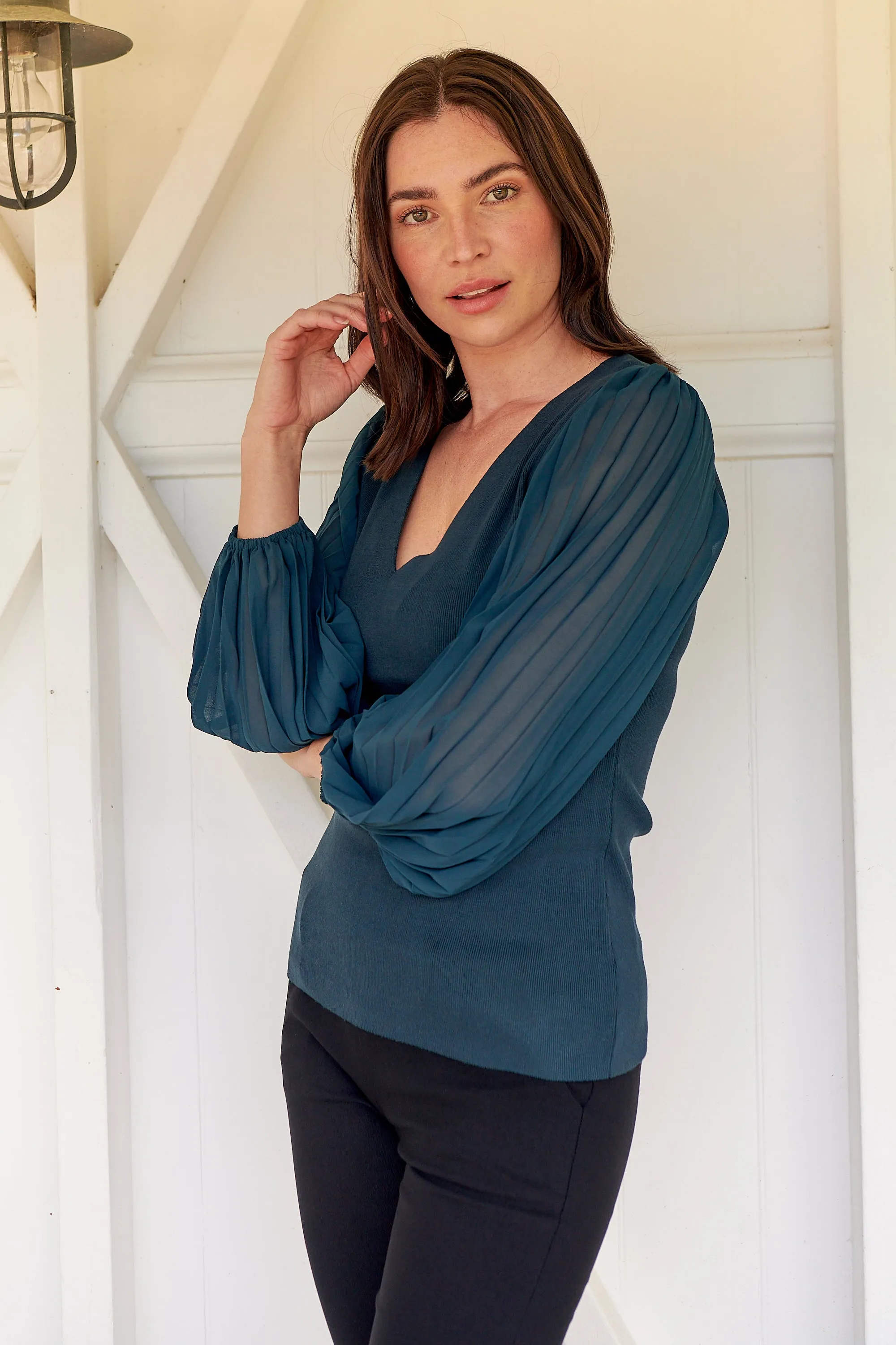 Layanna Dark Green Chiffon Long Sleeve Top