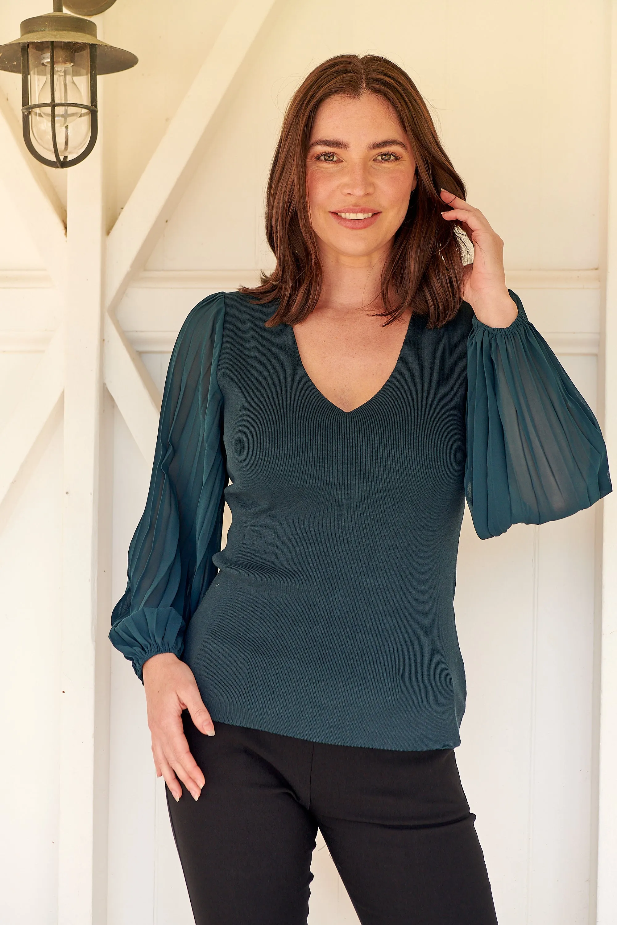 Layanna Dark Green Chiffon Long Sleeve Top