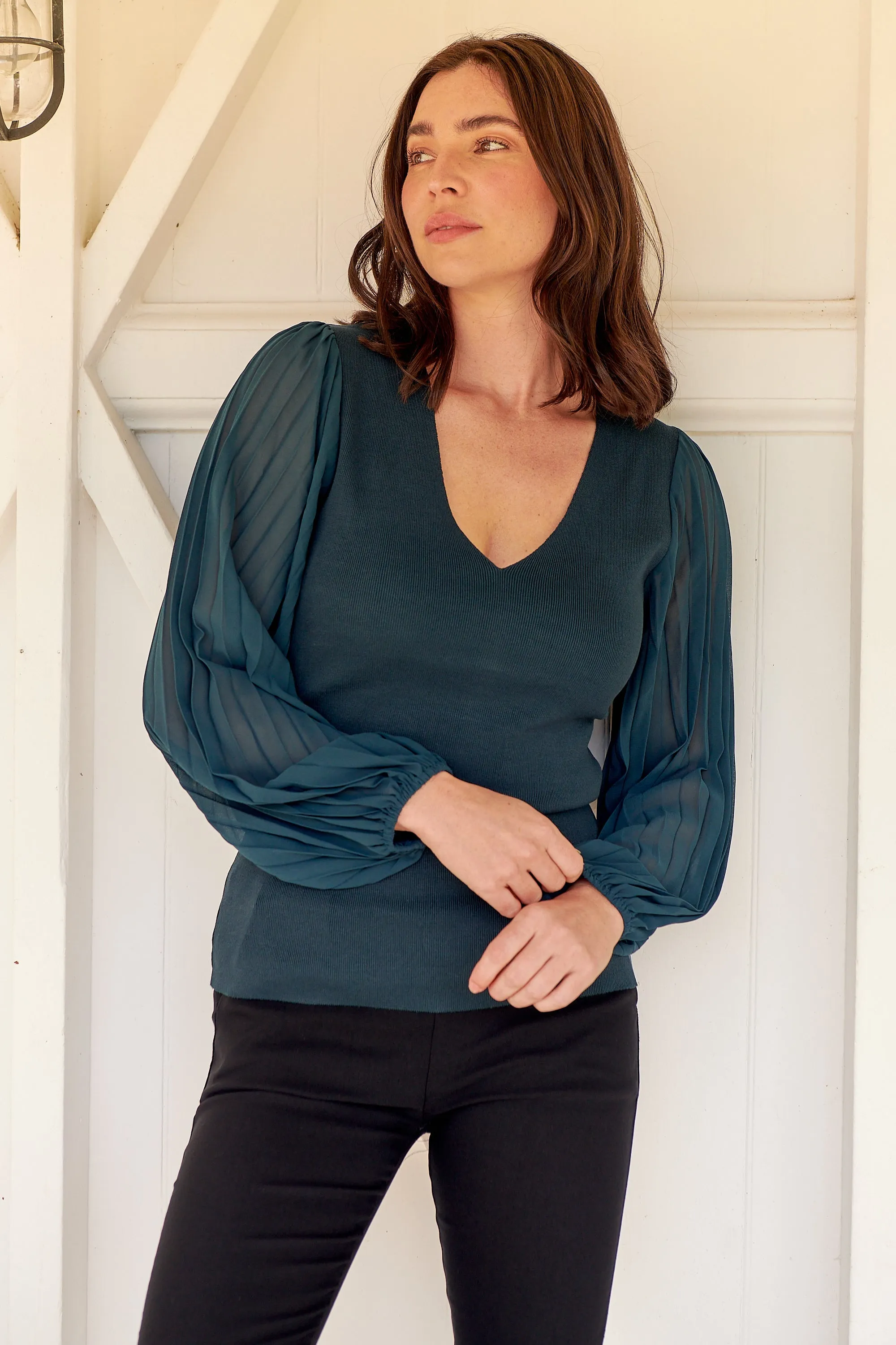 Layanna Dark Green Chiffon Long Sleeve Top