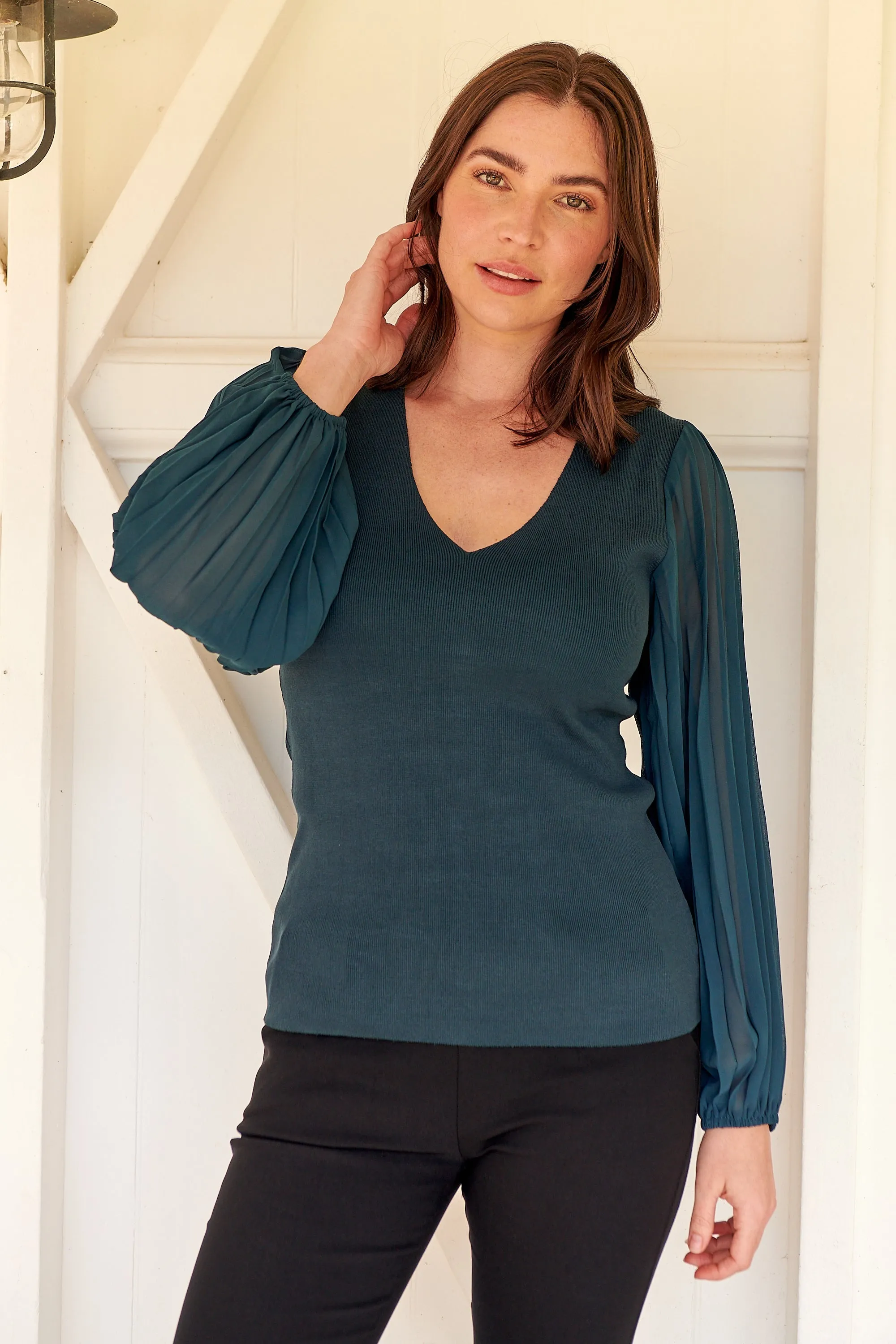 Layanna Dark Green Chiffon Long Sleeve Top