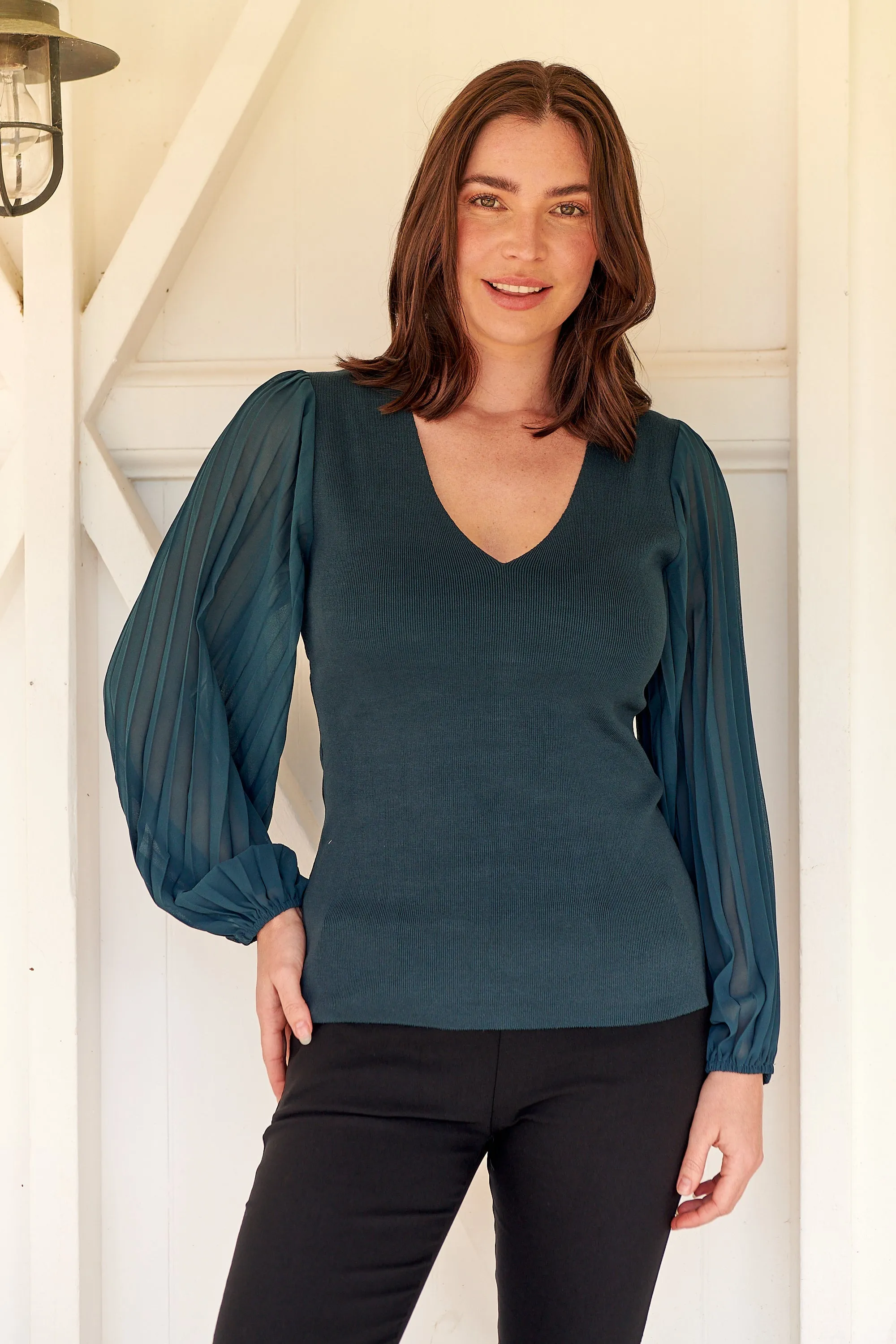 Layanna Dark Green Chiffon Long Sleeve Top