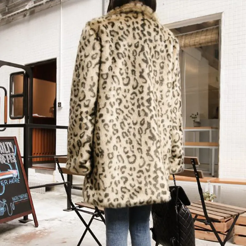 Leopard Print Fur Thigh-Length Loose Fit Fleece Jacket