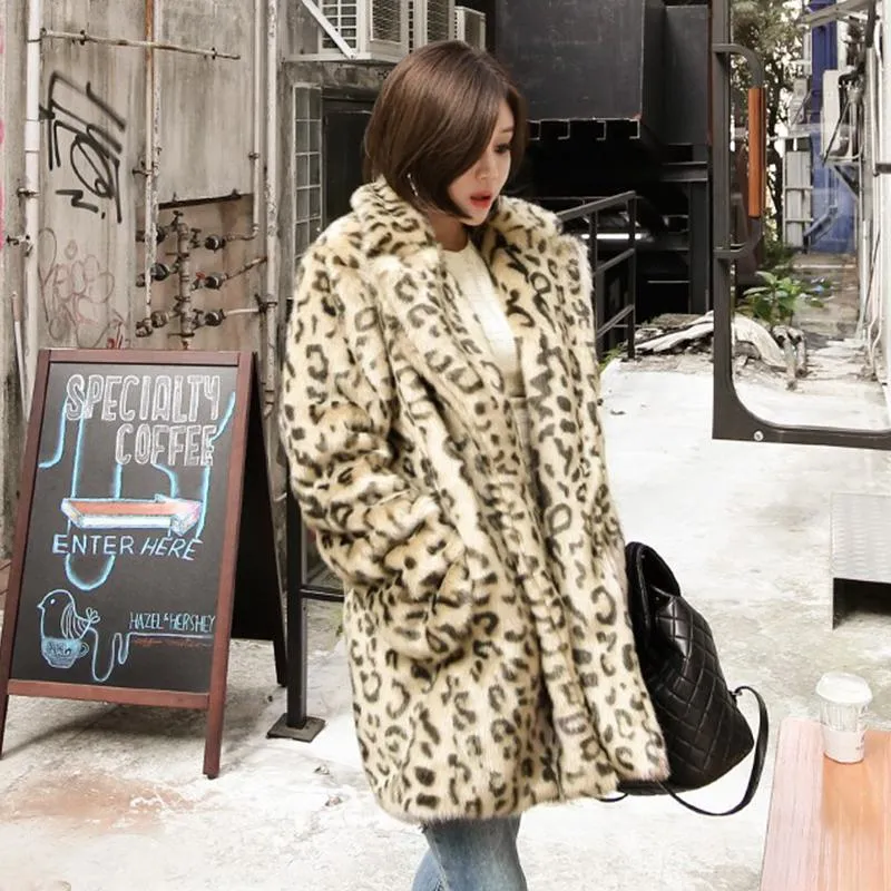 Leopard Print Fur Thigh-Length Loose Fit Fleece Jacket