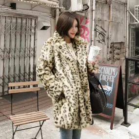 Leopard Print Fur Thigh-Length Loose Fit Fleece Jacket