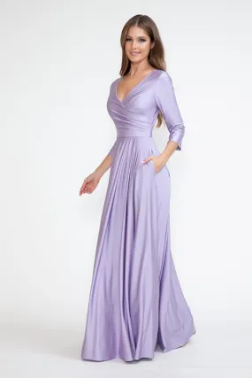 Light Purple Sleeve Wrap Pleated Flare Pockets Formal Dress