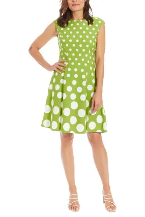 London Times Crew Neck Cap Sleeve Box Pleated Polka Dot Print Jersey Dress