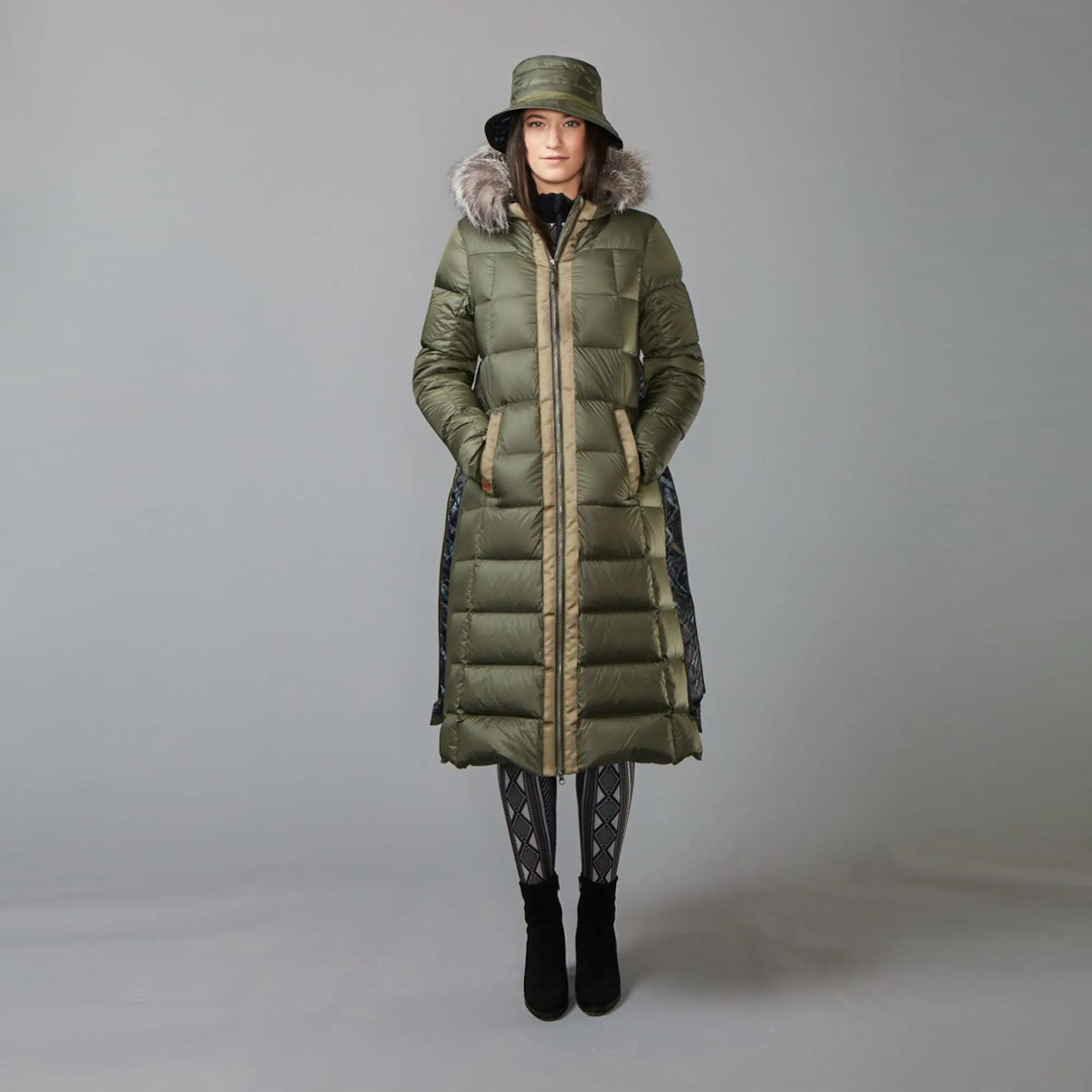 LONG A-LINE DOWN COAT WITH UPCYCLED FUR