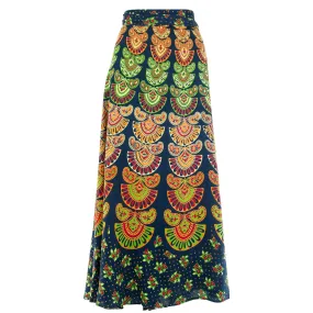 Long Maxi Wrap Skirt with Block Print Mandala - Dark Blue & Green