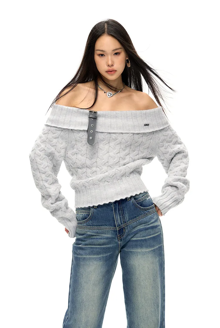 Love of A Sudden Off Shoulder Belt Sweater