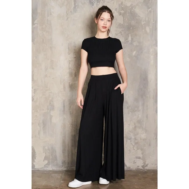 Maronie Rib Knit Crop Top   Pleated Pants Set | Black