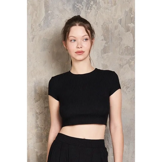 Maronie Rib Knit Crop Top   Pleated Pants Set | Black