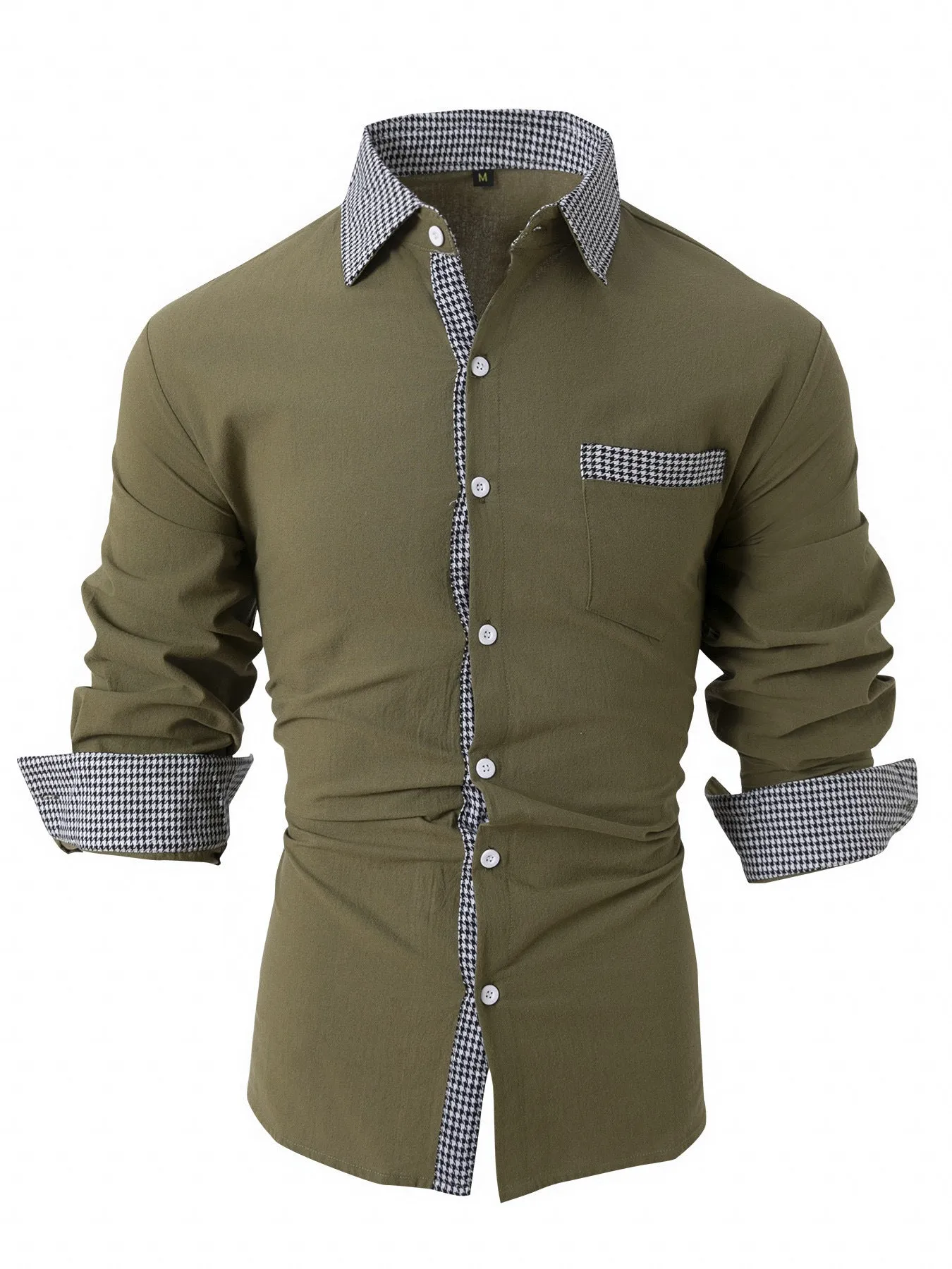 Men's Casual Long-Sleeved Cotton and Linen Plaid Stitching Shirt