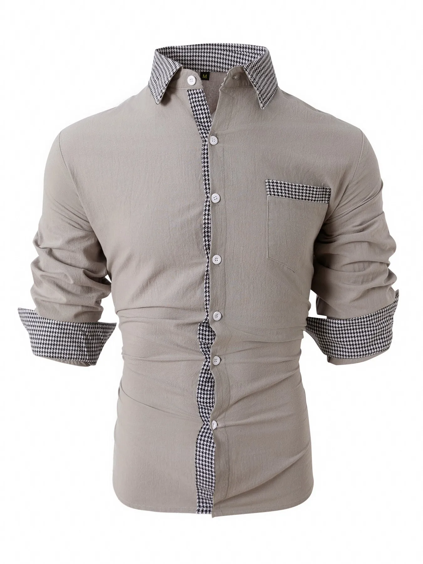 Men's Casual Long-Sleeved Cotton and Linen Plaid Stitching Shirt