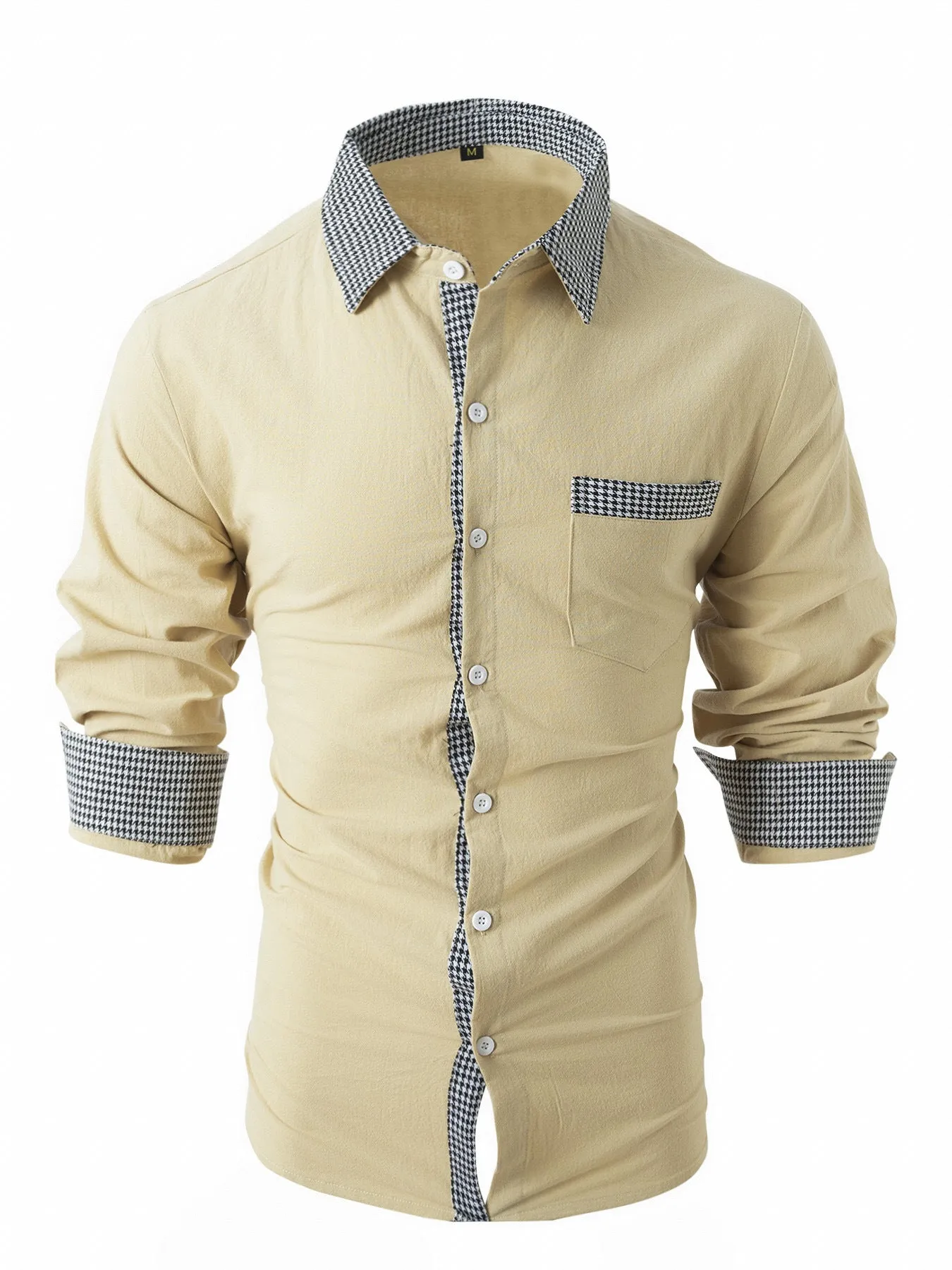 Men's Casual Long-Sleeved Cotton and Linen Plaid Stitching Shirt