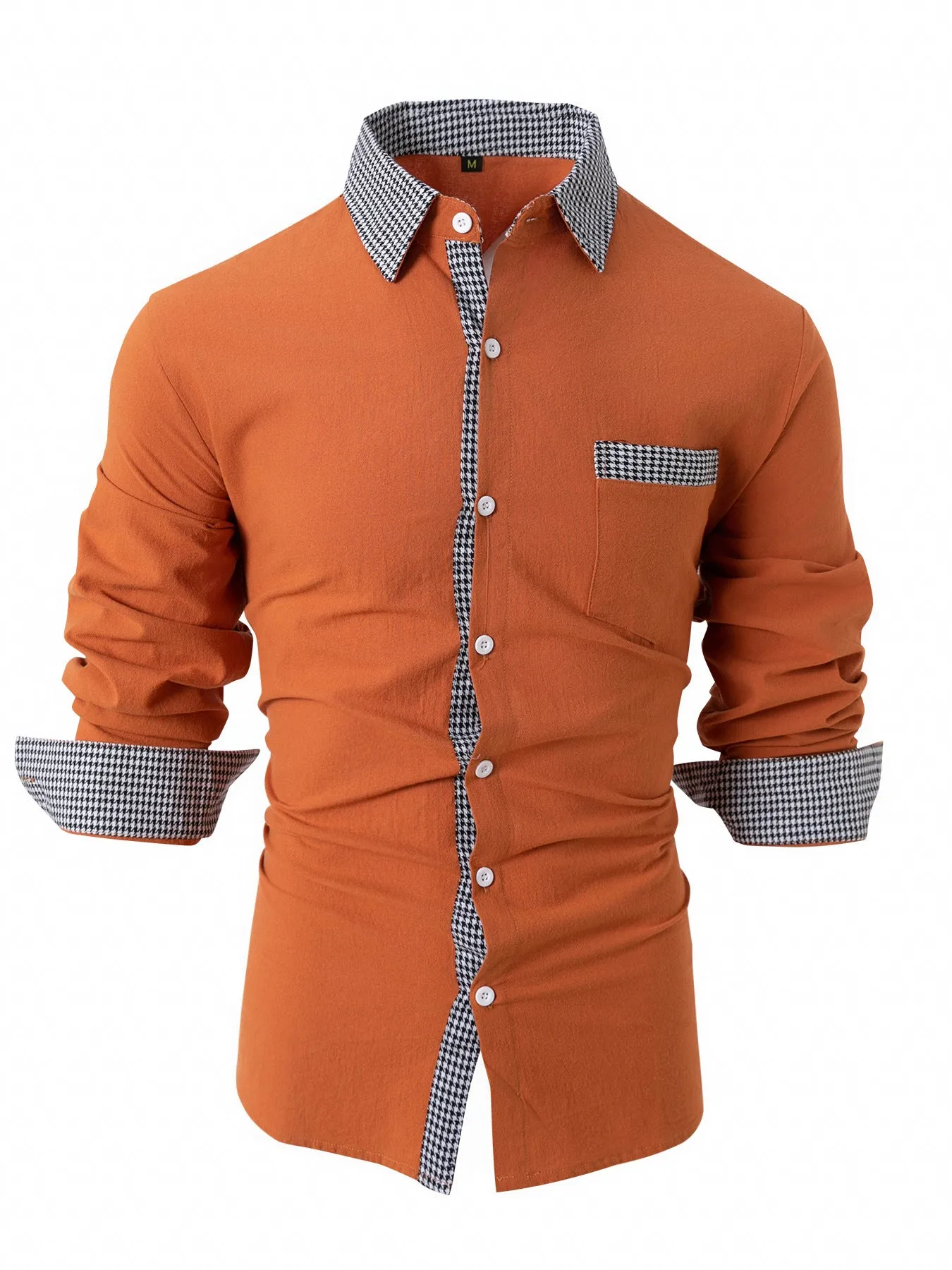 Men's Casual Long-Sleeved Cotton and Linen Plaid Stitching Shirt