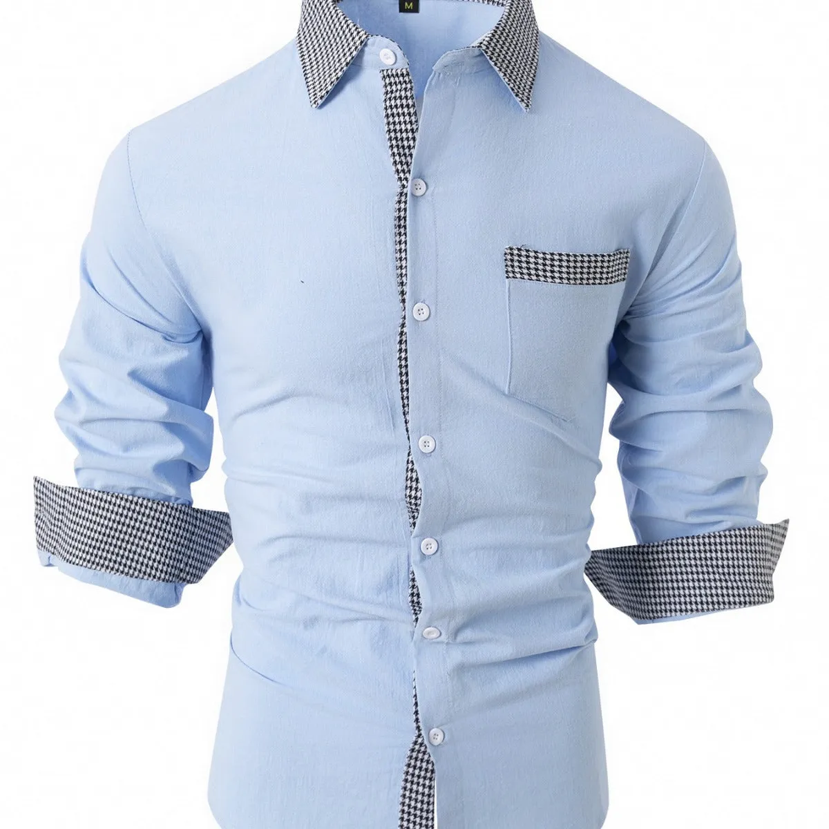 Men's Casual Long-Sleeved Cotton and Linen Plaid Stitching Shirt