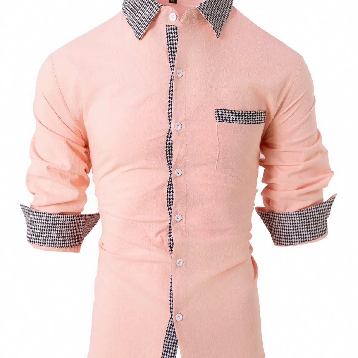 Men's Casual Long-Sleeved Cotton and Linen Plaid Stitching Shirt