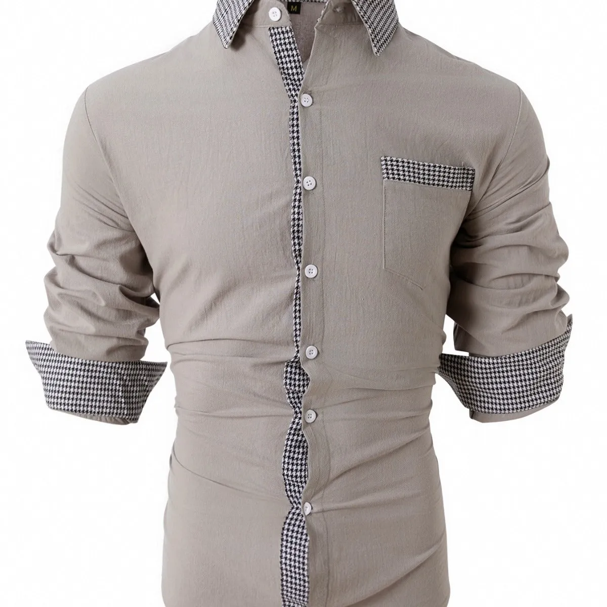 Men's Casual Long-Sleeved Cotton and Linen Plaid Stitching Shirt