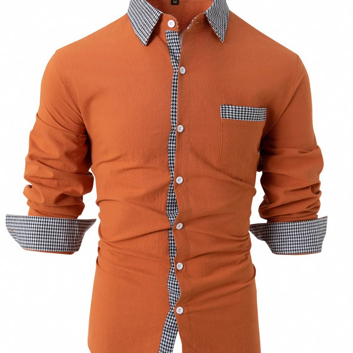 Men's Casual Long-Sleeved Cotton and Linen Plaid Stitching Shirt