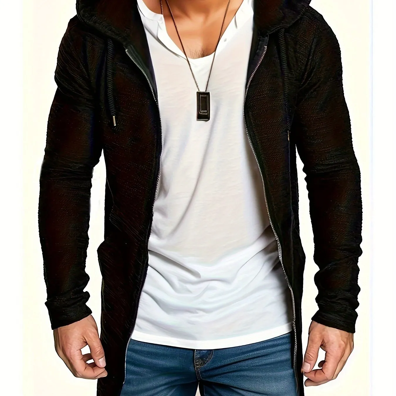 Men's Casual Mid-length Swallow-tailed Jacket, Zip Up Hooded Cardigan Overcoat