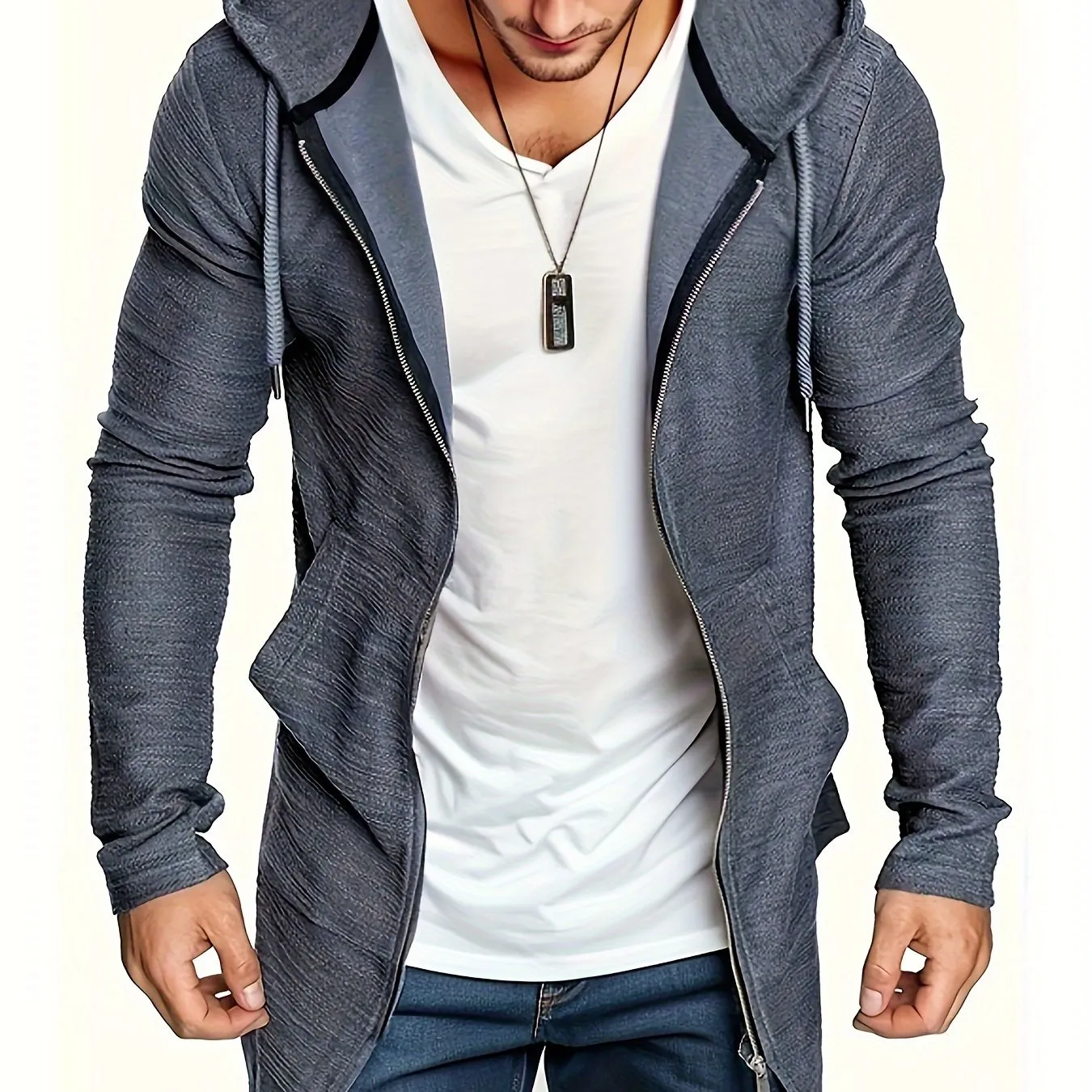 Men's Casual Mid-length Swallow-tailed Jacket, Zip Up Hooded Cardigan Overcoat