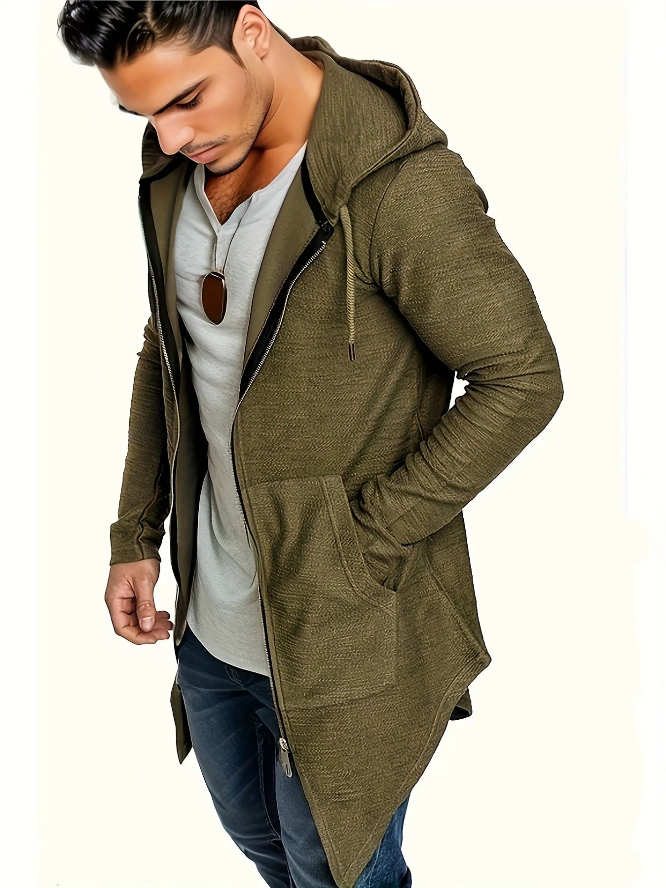 Men's Casual Mid-length Swallow-tailed Jacket, Zip Up Hooded Cardigan Overcoat