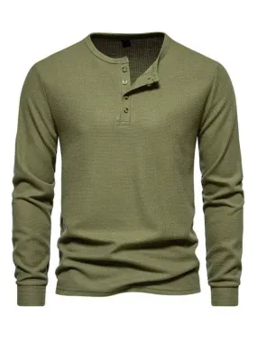 Men's Four Button Waffle Henley Neck Long Sleeve T-Shirt