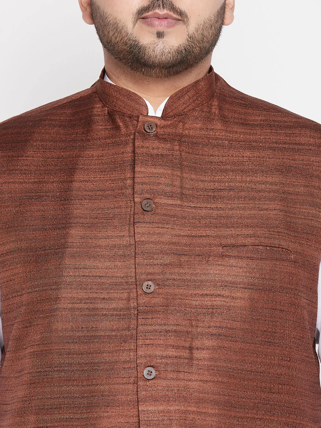 Men's Plus Coffee And White Cotton Blend Jacket, Kurta And Dhoti Set - Vastramay