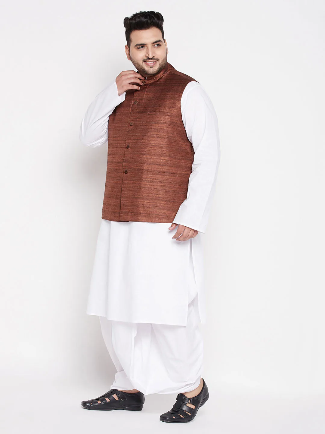 Men's Plus Coffee And White Cotton Blend Jacket, Kurta And Dhoti Set - Vastramay