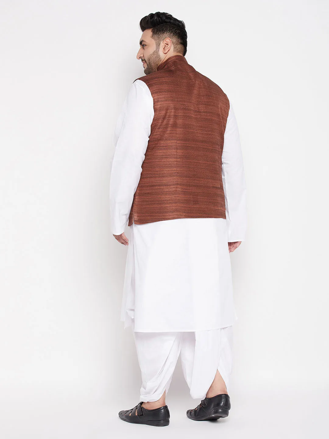 Men's Plus Coffee And White Cotton Blend Jacket, Kurta And Dhoti Set - Vastramay