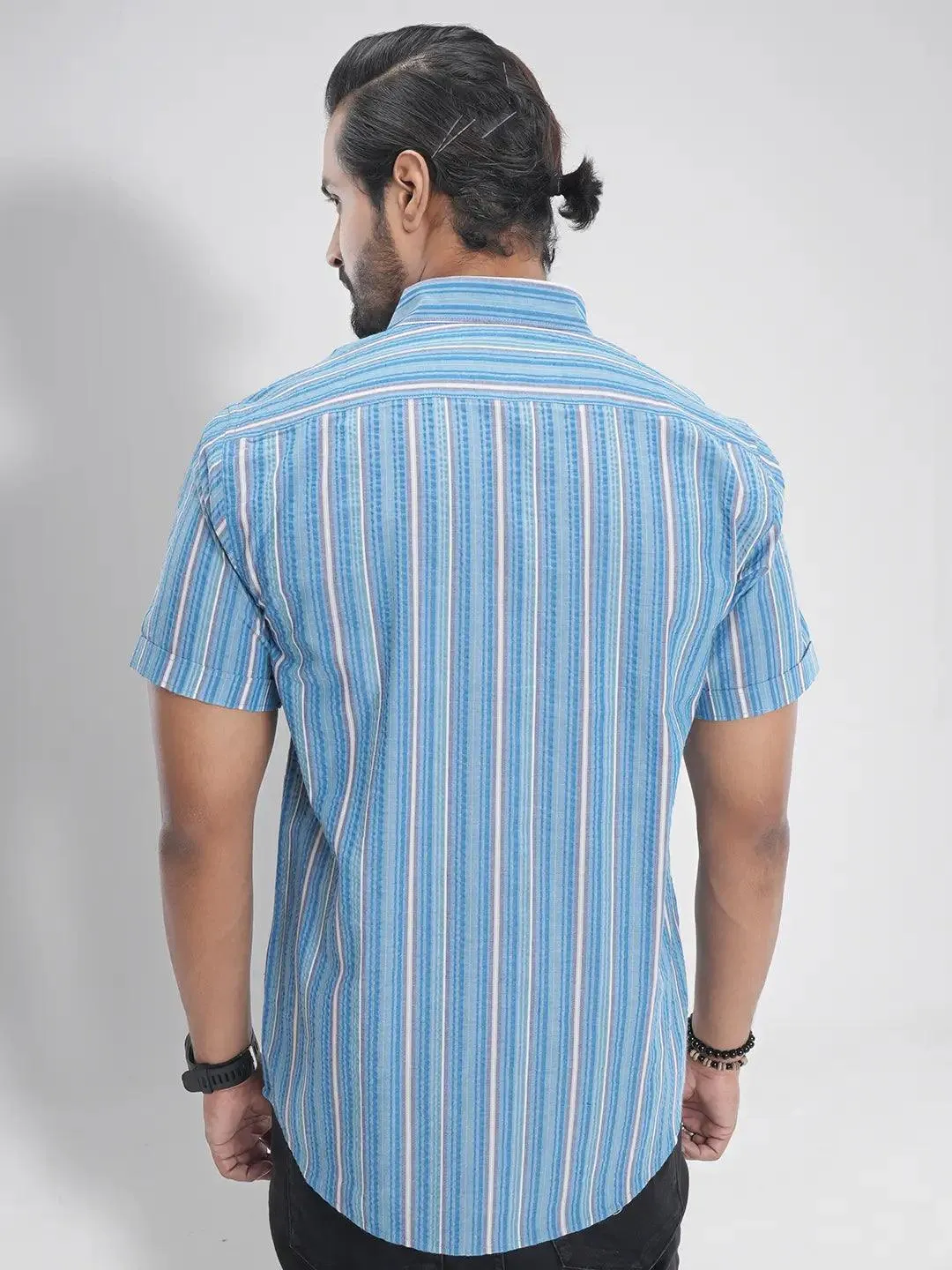 Men's Short Sleeve Casual Shirt in Cerulean Stripe