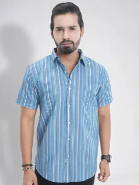 Men's Short Sleeve Casual Shirt in Cerulean Stripe