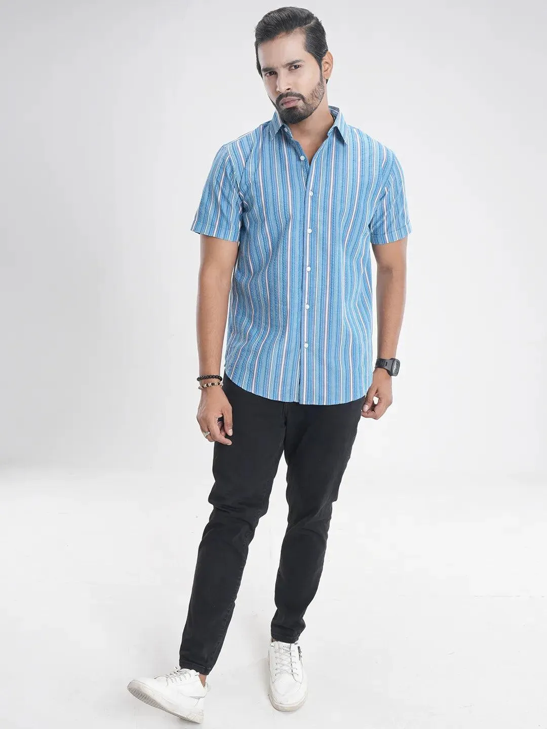 Men's Short Sleeve Casual Shirt in Cerulean Stripe