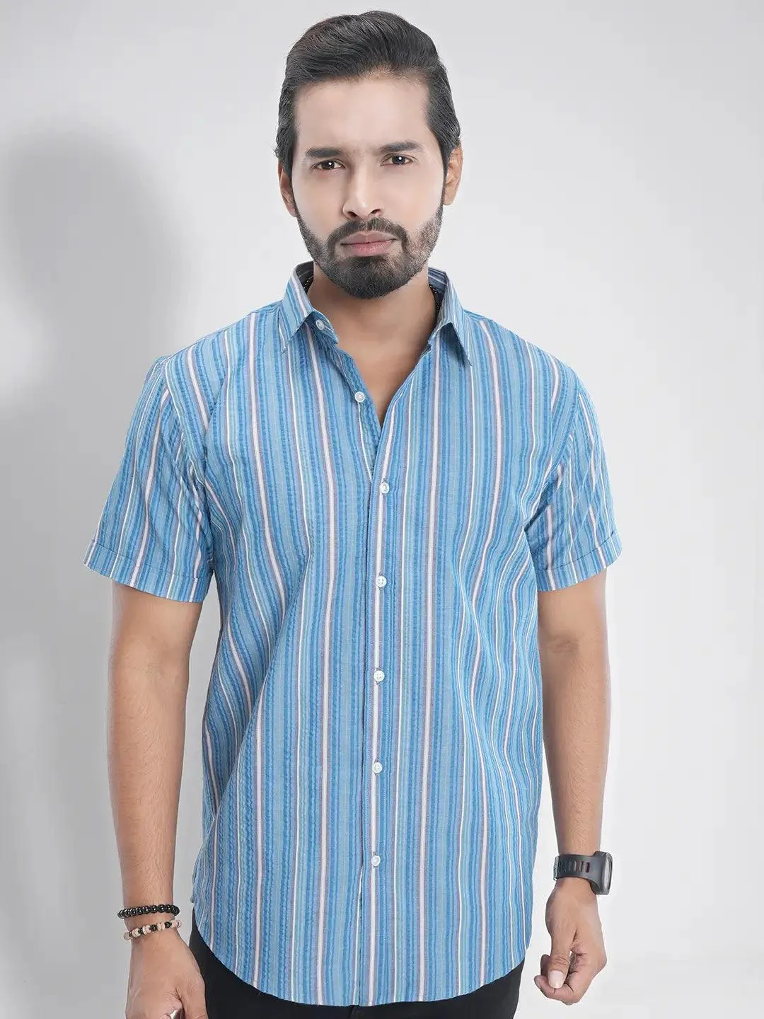 Men's Short Sleeve Casual Shirt in Cerulean Stripe