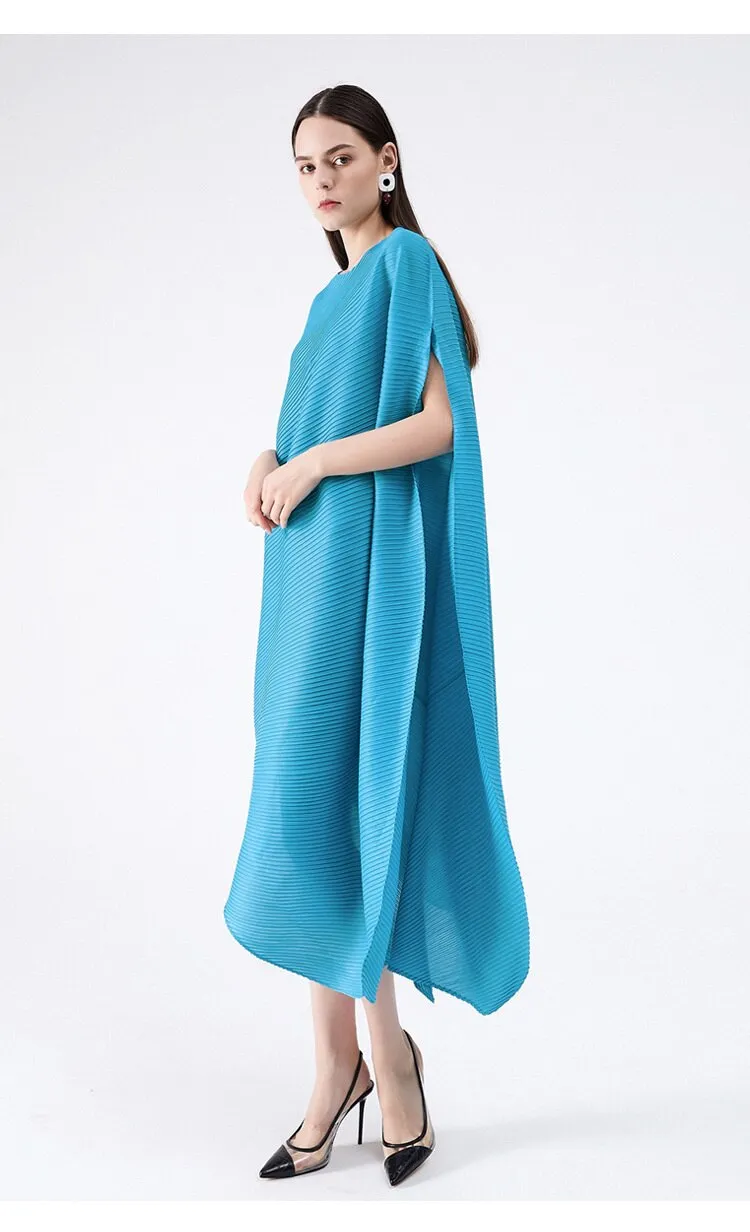 Miyake Pleated Asymmetrical Hem Midi Dress