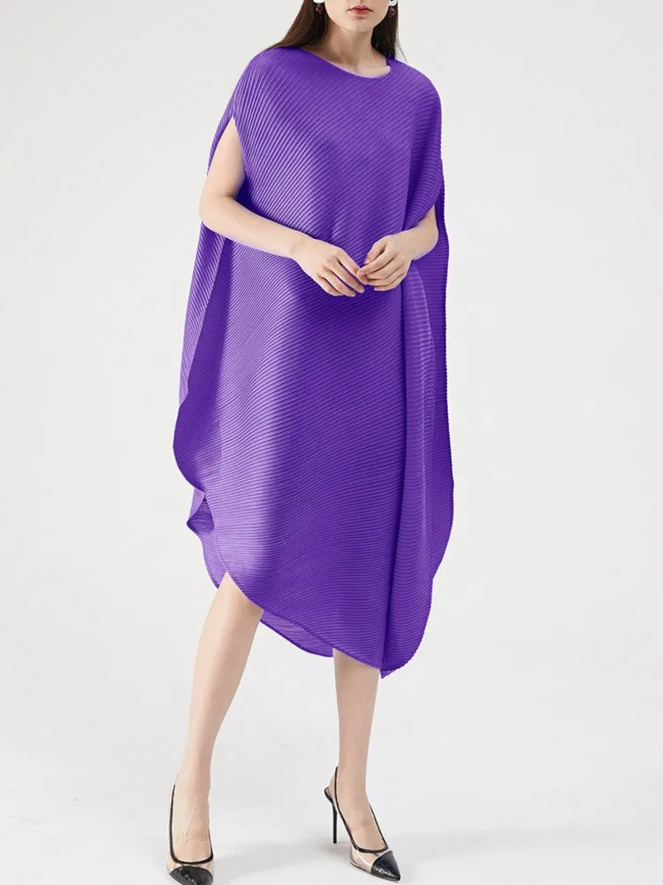 Miyake Pleated Asymmetrical Hem Midi Dress